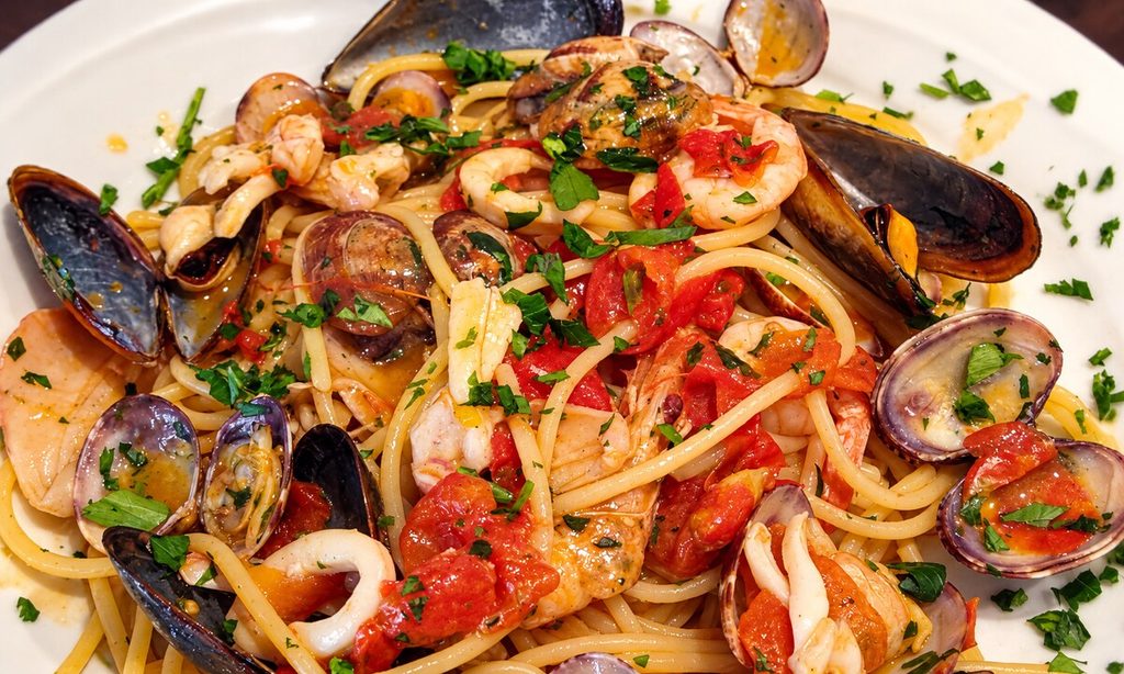 Pasta lunga con cozze, vongole, gamberi, calamari, pomodoro e prezzemolo su un piatto bianco.