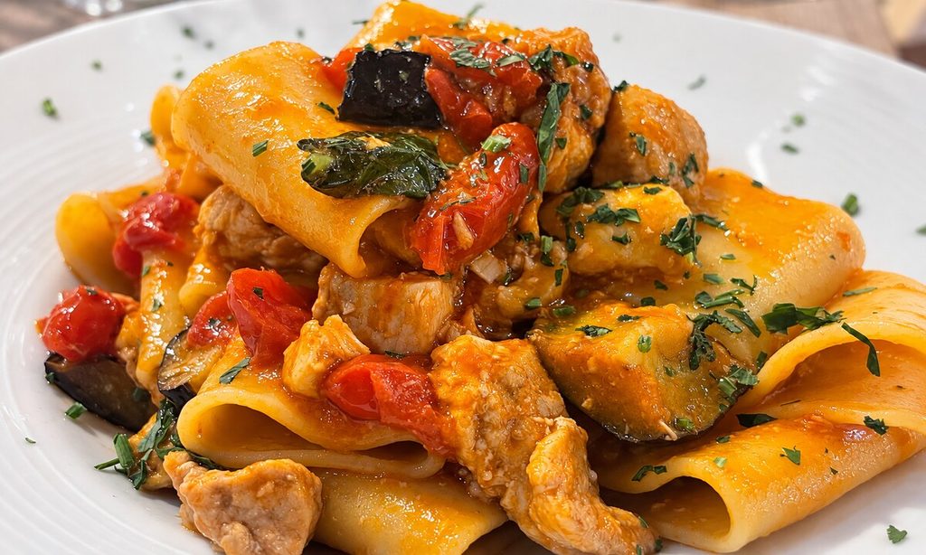 Paccheri con pomodorini, melanzane, erbe e bocconi di pesce spada, serviti su un piatto bianco.