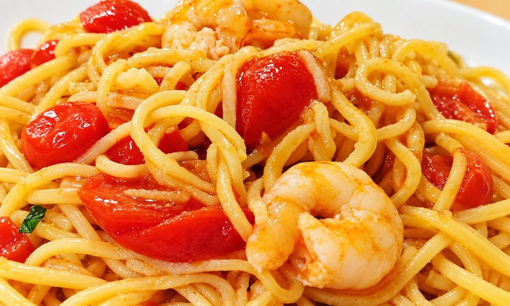 Primo piano di pasta lunga con gamberi, pomodorini rossi ed erbe su un piatto bianco.