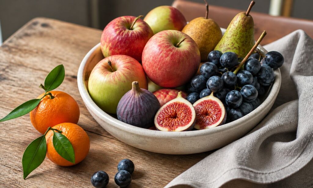 Piatto con fichi, mirtilli, mele, pere, mango