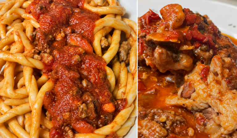 Due foto affiancate: a sinistra fusilli al ragù di carne, a destra capretto alla civitese con pomodoro, all’Osteria Agorà di Civita.