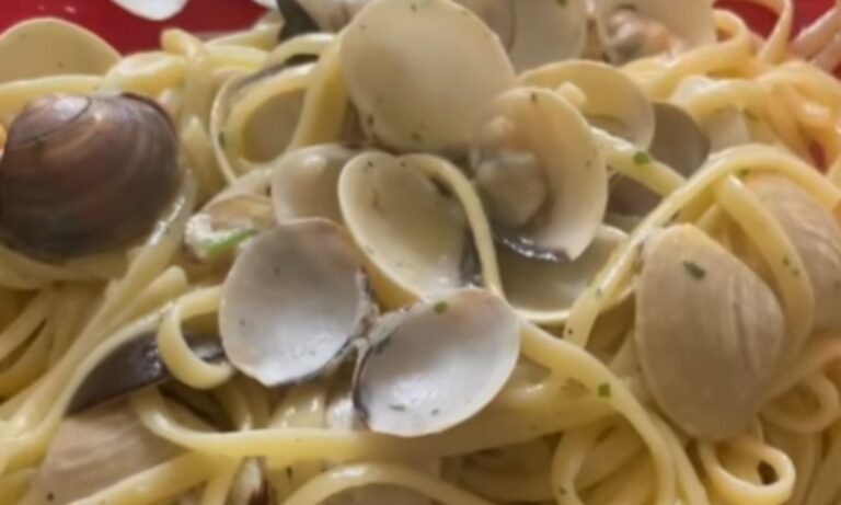 Primo piano delle linguine alle vongole del Pacifico, con molluschi nei gusci aperti e piccoli pezzetti di prezzemolo.