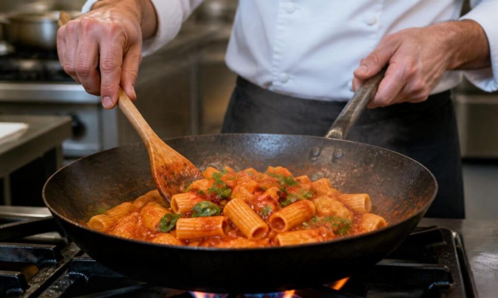 Primo piano delle mani di uno chef in giacca bianca e grembiule scuro mentre manteca rigatoni al sugo di passata di pomodoro in un wok nero sopra la fiamma del fornello, con foglie di basilico fresco e una cucina professionale sfocata sullo sfondo.
