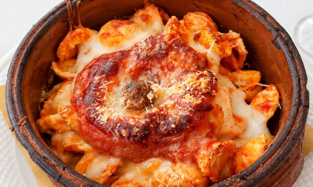 Nel tegamino orecchiette cotte al forno con ricotta e polpettine di carne