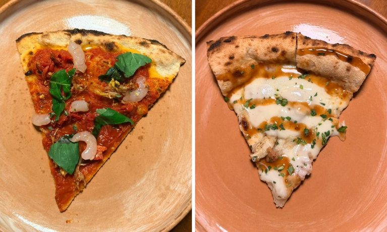 Spicchi di pizza conditi con gamberi, rosmarino, provola liquida e gamberi