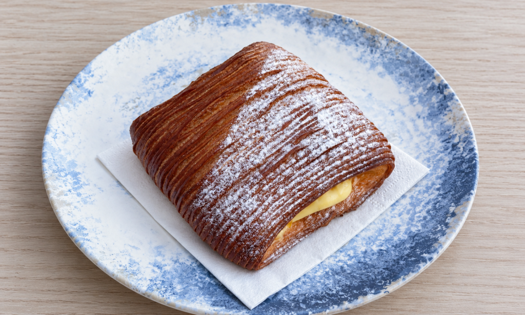 Pain Suisse dorato con zucchero a velo e crema visibile sul bordo, appoggiato su un piatto bianco e azzurro.