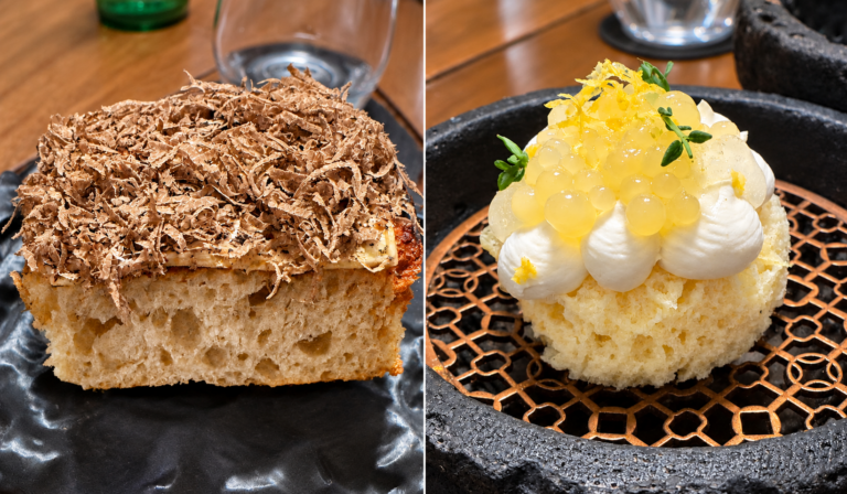 Due fotografie affiancate: trancio ricoperto di scaglie di tartufo a sinistra e impasto ghiacciato con guarnizioni bianche e gialle a destra, da BOB a Montepaone.