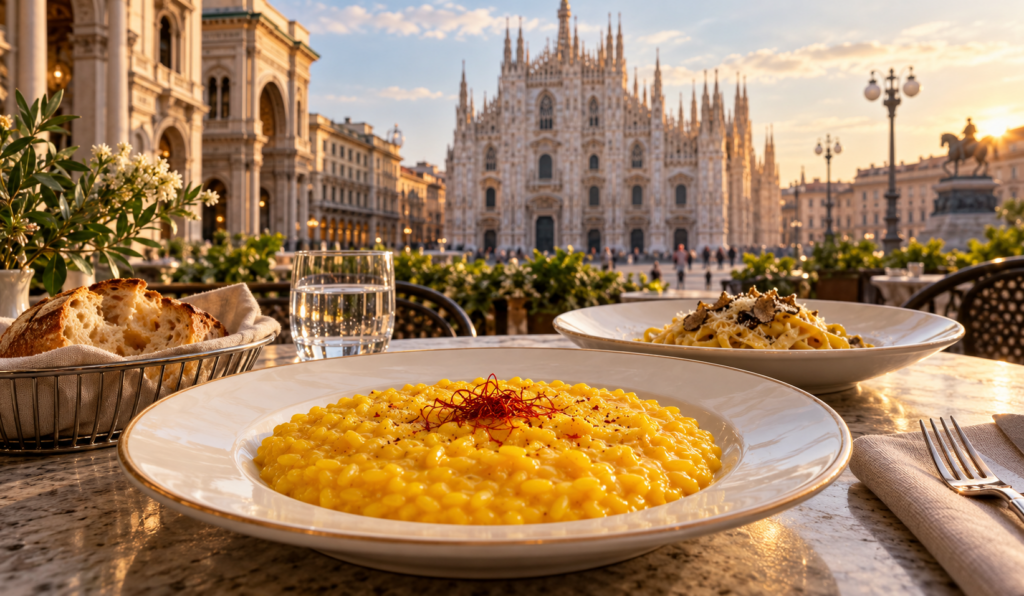 Piatto di riso con condimento giallo e sullo sfondo la Cattedrale Duomo di Milano