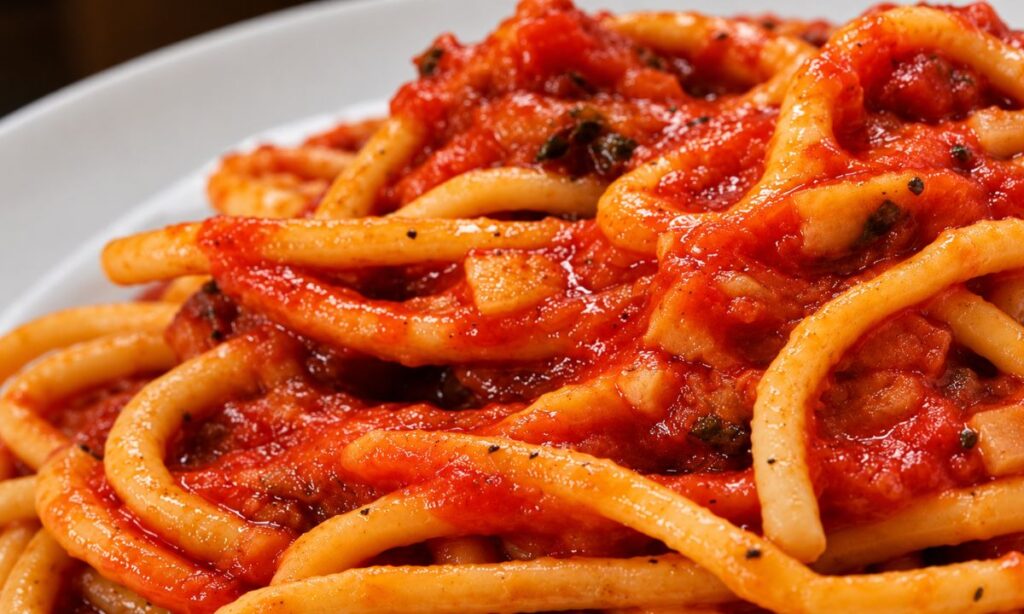 Pasta lunga con salsa di pomodoro, guanciale e pecorino serviti su un piatto bianco