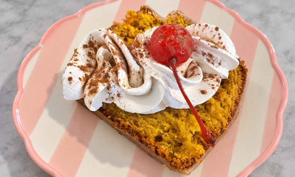 Fetta di torta di zucca con panna e ciliegia rossa su un piatto a righe rosa e bianche.