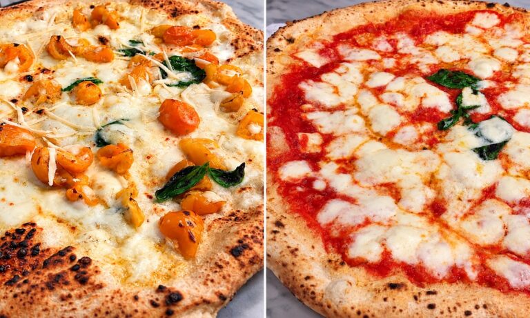 Due pizze affiancate: Margherita Gialla con pomodorini gialli a sinistra e Margherita classica con pomodoro, mozzarella e basilico a destra.